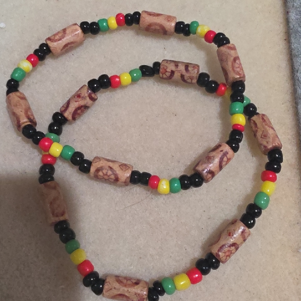Wood & Seed Beaded Necklace in Black, Red, Yellow, Green